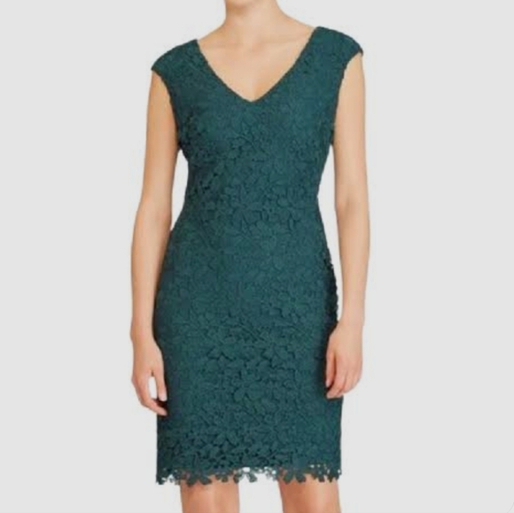 Lauren Ralph Lauren Lace Overlay Cap Sleeve Dark Green Sheath Dress Size 10 - Picture 1 of 11